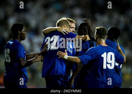 Gents Spieler und Gents Igor Plastun feiern nach einem Treffer im Spiel zwischen dem belgischen Fußballverein KAA Gent und dem kroatischen Team HNK Rijeka, der Rückkehr der Play-offs der UEFA Europa League am Donnerstag, den 29. August 2019 in Rijeka, Kroatien. Gent gewann die erste Etappe 2:1. BELGA FOTO JASPER JACOBS Stockfoto