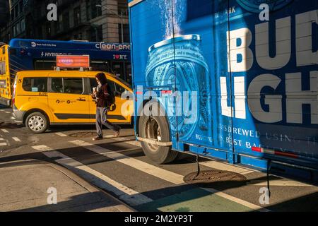 A truck branded for AbInvevÕs Bud Light beer in Chelsea in New York on Tuesday, December 13, 2022.  (© Richard B. Levine) Stock Photo