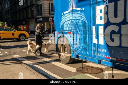 A truck branded for AbInvevÕs Bud Light beer in Chelsea in New York on Tuesday, December 13, 2022.  (© Richard B. Levine) Stock Photo