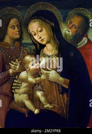 La Madonna col Bambino, un Angelo e San Girolamo - die Madonna und das Kind, ein Engel und das Heilige Jerome von Bernardino Fungai - Sienna 1460-1516, christliche Kunst, Italien, Italienisch. Stockfoto