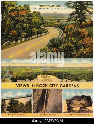 Folgen Sie der gelben Linie bis zum Lookout Mt. Nach Rock City, Ausblicke in Rock City Gardens, Straßen, Berge, Tichnor Brothers Collection, Postkarten der Vereinigten Staaten Stockfoto