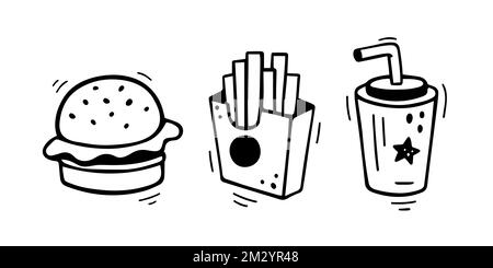 Fast food icons set - burger, french fries, paper cup with drink. Hand drawn fast food combo. Comic doodle sketch style. Vector illustration Stock Vector