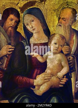 La Madonna col Bambino tra i Santi Bartolomeo e Girolamo - die Madonna und das Kind mit den Heiligen Bartholomew und Jerome von Pietro di Domenico 1475-1502, christliche Kunst, Italien, Italienisch. Stockfoto