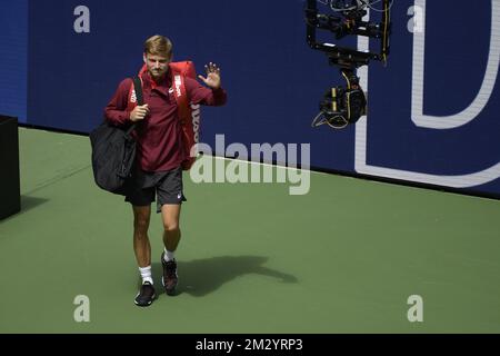 Der belgische David Goffin kommt zu einem Tennisspiel zwischen dem belgischen David Goffin (ATP 15) und dem Schweizer Roger Federer (ATP 3), in der vierten Runde der Men's Singles of the US Open Grand Slam Tennis Turnier, in Flushing Meadow, in New York City, USA, Sonntag, 01. September 2019. BELGA FOTO YORICK JANSENS Stockfoto