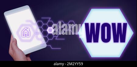 Textunterschrift mit Wow. Wort für das Ausdrücken von Erstaunen und Ehrfurcht Historischer Erfolg Erregen Sie jemanden sehr Stockfoto