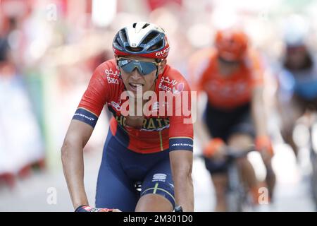 Die belgischen Dylan Teuns von Bahrain-Merida überqueren die Ziellinie von Stufe 17 der 2019. Ausgabe des Radrennen „Vuelta a Espana“, Tour of Spain, von Aranda de Duero nach Guadalajara (219,6 km), Mittwoch, den 11. September 2019. BELGA FOTO YUZURU SUNADA - FRANKREICH RAUS Stockfoto