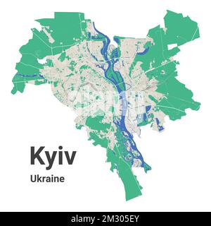Stadtplan Kiew mit Verwaltungsgrenzen. Dnieper Fluss, Wälder, Straßen, Eisenbahn. Vektordarstellung der Hauptstadt der Ukraine. Stock Vektor