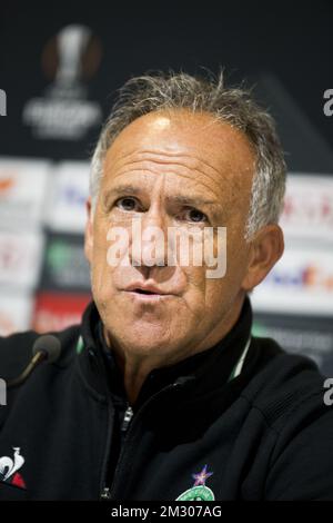 Der Cheftrainer von Saint-Etienne, Ghislain Printant, stellte sich am Mittwoch, den 18. September 2019 in Gent auf einer Pressekonferenz des französischen Teams ALS Saint-Etienne vor. Morgen trifft Saint-Etienne den belgischen Fußballverein KAA Gent in der Gruppenphase der UEFA Europa League. BELGA FOTO JASPER JACOBS Stockfoto