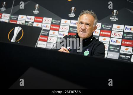 Der Cheftrainer von Saint-Etienne, Ghislain Printant, stellte sich am Mittwoch, den 18. September 2019 in Gent auf einer Pressekonferenz des französischen Teams ALS Saint-Etienne vor. Morgen trifft Saint-Etienne den belgischen Fußballverein KAA Gent in der Gruppenphase der UEFA Europa League. BELGA FOTO JASPER JACOBS Stockfoto