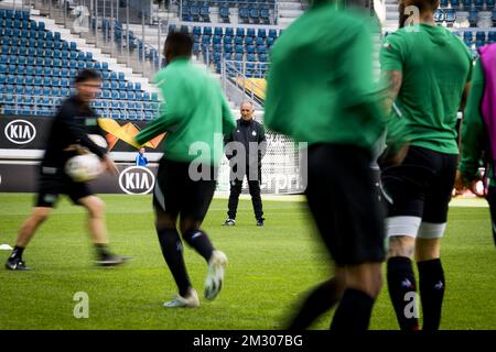 Der Cheftrainer von Saint-Etienne, Ghislain Printant, zeigte sich am Mittwoch, den 18. September 2019 in Gent während einer Schulung der französischen Mannschaft ALS Saint-Etienne. Morgen trifft Saint-Etienne den belgischen Fußballverein KAA Gent in der Gruppenphase der UEFA Europa League. BELGA FOTO JASPER JACOBS Stockfoto