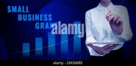 Textunterschrift mit „Small Business Grant“. Geschäftsübersicht ein Privatunternehmen, das für seine begrenzte Größe bekannt ist Stockfoto