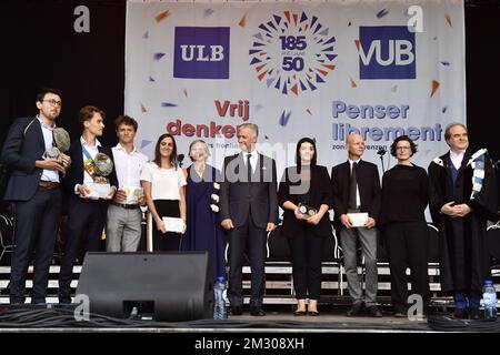 Rektor Yvon Englert, König Philippe - Filip von Belgien und Rektor Caroline Pauwels der VUB, die während einer akademischen Sondersitzung zur Eröffnung des akademischen Jahres der ULB (Universite Libre de Bruxelles) und der VUB-Universität (Vrije Unversiteit Brussel) abgebildet wurden Zum 185. Und 50. Jahrestag ihres Bestehens in Brüssel am Freitag, den 20. September 2019. BELGA FOTO DIRK WAEM Stockfoto