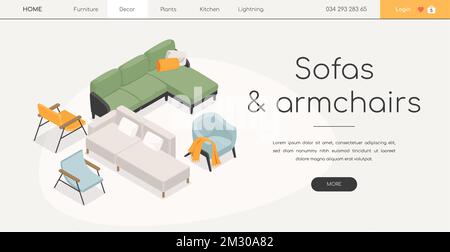 Sofas and armchairs - line design style isometric web banner Stock Vektor