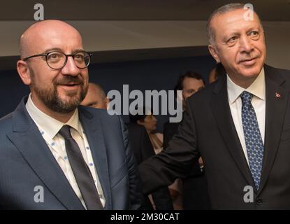 Der belgische Ministerpräsident Charles Michel trifft den Präsidenten der Türkei Recep Tayyip Erdogan während der 74.. Tagung der Generalversammlung der Vereinten Nationen (UNGA 74) am Montag, den 23. September 2019 in New York City (Vereinigte Staaten von Amerika). BELGA FOTO BENOIT DOPPPAGNE Stockfoto