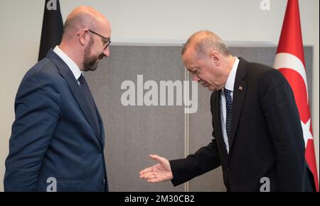 Der belgische Ministerpräsident Charles Michel trifft den Präsidenten der Türkei Recep Tayyip Erdogan während der 74.. Tagung der Generalversammlung der Vereinten Nationen (UNGA 74) am Montag, den 23. September 2019 in New York City (Vereinigte Staaten von Amerika). BELGA FOTO BENOIT DOPPPAGNE Stockfoto