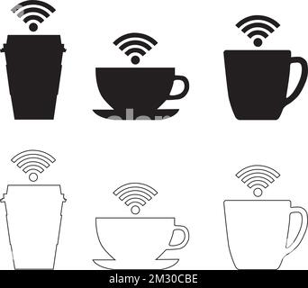 Kaffeetassen und Tassen mit wi-Fi singen oben auf weißem Hintergrund mit Kopierbereich Stock Vektor