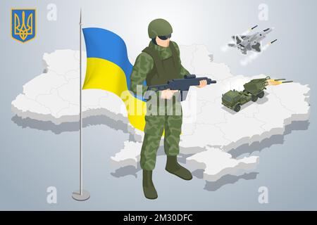 Isometrischer ukrainischer Soldat im Hintergrund der Karte der Ukraine und des nationalen Fragments. Soldatenpolizei Der Sondereinsatzkräfte, Mitglied Des Swat-Teams. Die Armee Stock Vektor