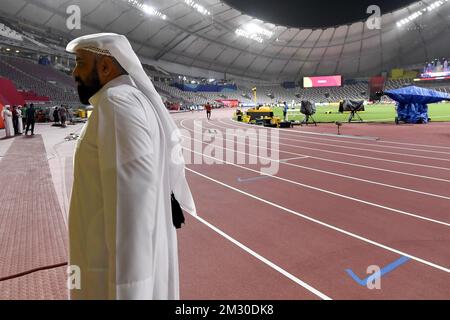 Abbildung zeigt die Vorbereitungen vor Beginn der IAAF-Leichtathletik-Weltmeisterschaft in Doha, Katar, Mittwoch, den 25. September 2019. Die Welten finden vom 27. September bis zum 6. Oktober statt. BELGA FOTO DIRK WAEM Stockfoto