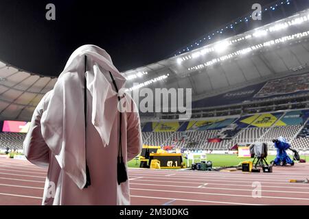 Abbildung zeigt die Vorbereitungen vor Beginn der IAAF-Leichtathletik-Weltmeisterschaft in Doha, Katar, Mittwoch, den 25. September 2019. Die Welten finden vom 27. September bis zum 6. Oktober statt. BELGA FOTO DIRK WAEM Stockfoto