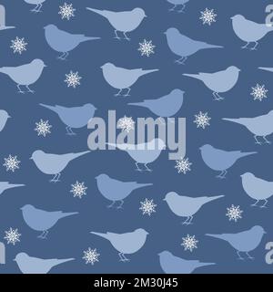 Seamless pattern with bird silhouettes and snowflakes. Stock Vektor