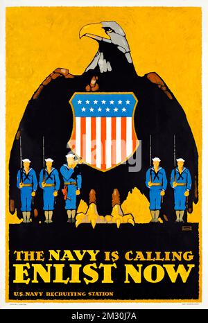 Rekrutierungsplakat USA - L.N. Britton - ENLIST NOW, feat american Eagle - US Navy Recruiting Station, erster Weltkrieg, 1917 Stockfoto