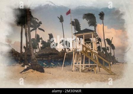 Digitale Aquarellmalerei eines Rettungsturms an einem leeren Strand bei Sonnenaufgang. Stockfoto