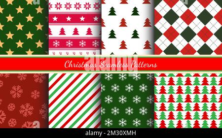 Nahtloses Weihnachtsdesign Kollektion. Silvester verpackte Papiergrafiken. Streifen, Schneeflocken, geometrisch, Rhombus. Hintergrund für Geschenke. Stock Vektor