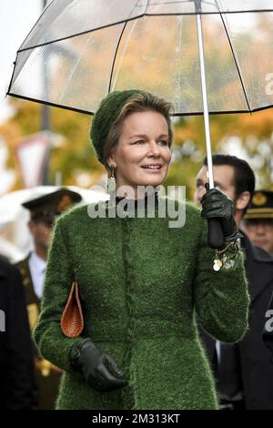 Königin Mathilde von Belgien, abgebildet auf einem Spaziergang vom Großherzoglichen Palast zur Corniche, am ersten Tag eines dreitägigen Staatsbesuchs des belgischen Königspaares in Luxemburg, Dienstag, den 15. Oktober 2019, in Luxemburg. BELGA FOTO DIRK WAEM Stockfoto