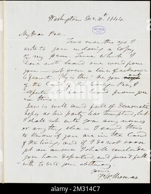 Frederick William Thomas, Washington, DC, Autogrammbrief unterzeichnet an Edgar Allan Poe, 10. Dezember 1844, amerikanische Literatur, 19.. Jahrhundert, Geschichte und Kritik, Autoren, Amerikaner, 19.. Jahrhundert, Korrespondenz, Autoren und Verleger, Dichter, Amerikaner, 19.. Jahrhundert, Korrespondenz. Rufus W. Griswold Papers Stockfoto