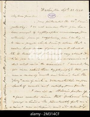 Frederick William Thomas, Washington, DC, Autogrammbrief unterzeichnet an Edgar Allan Poe, 22. September 1841, amerikanische Literatur, 19.. Jahrhundert, Geschichte und Kritik, Autoren, Amerikaner, 19.. Jahrhundert, Korrespondenz, Autoren und Verleger, Dichter, Amerikaner, 19.. Jahrhundert, Korrespondenz, Ewing, Thomas, 1789-1871. Rufus W. Griswold Papers Stockfoto