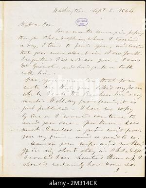 Frederick William Thomas, Washington, DC, Autogrammbrief unterzeichnet an Edgar Allan Poe, 2. September 1844, amerikanische Literatur, 19.. Jahrhundert, Geschichte und Kritik, Autoren, Amerikaner, 19.. Jahrhundert, Korrespondenz, Autoren und Verleger, Dichter, Amerikaner, 19.. Jahrhundert, Korrespondenz, Englisch, Thomas Dunn, 1819-1902. Rufus W. Griswold Papers Stockfoto