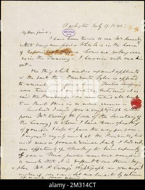 Frederick William Thomas, Washington, DC, Autogrammbrief unterzeichnet an Edgar Allan Poe, 19. Juli 1841, amerikanische Literatur, 19.. Jahrhundert, Geschichte und Kritik, Autoren, Amerikaner, 19.. Jahrhundert, Korrespondenz, Autoren und Verleger, Dichter, Amerikaner, 19.. Jahrhundert, Korrespondenz, Tyler, John, 1790-1862. Rufus W. Griswold Papers Stockfoto