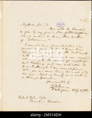 Frederick William Thomas, Washington, DC, Autogrammbrief unterzeichnet an Robert Tyler, 1. Februar 1843, amerikanische Literatur, 19.. Jahrhundert, Geschichte und Kritik, Autoren, Amerikaner, 19.. Jahrhundert, Korrespondenz, Autoren und Verleger, Dichter, Amerikaner, 19.. Jahrhundert, Korrespondenz, Poe, Edgar Allan, 1809-1849. Rufus W. Griswold Papers Stockfoto