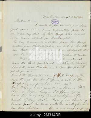 Frederick William Thomas, Washington, DC, Autogramm-Brief unterzeichnet an Edgar Allan Poe, 24. August 1840, amerikanische Literatur, 19.. Jahrhundert, Geschichte und Kritik, Autoren, Amerikaner, 19.. Jahrhundert, Korrespondenz, Autoren und Verleger, Dichter, Amerikaner, 19.. Jahrhundert, Korrespondenz. Rufus W. Griswold Papers Stockfoto