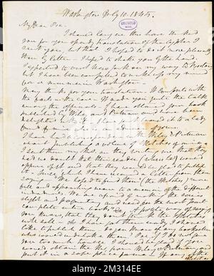 Frederick William Thomas, Washington, DC, Autogrammbrief unterzeichnet an Edgar Allan Poe, 10. Juli 1845, amerikanische Literatur, 19.. Jahrhundert, Geschichte und Kritik, Autoren, Amerikaner, 19.. Jahrhundert, Korrespondenz, Autoren und Verleger, Dichter, Amerikaner, 19.. Jahrhundert, Korrespondenz. Rufus W. Griswold Papers Stockfoto