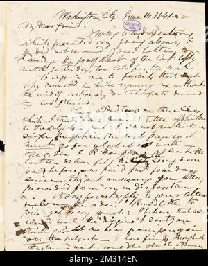 Frederick William Thomas, Washington, DC, Autogramm-Brief unterzeichnet an Edgar Allan Poe, 14. Juni 1841, amerikanische Literatur, 19.. Jahrhundert, Geschichte und Kritik, Autoren, Amerikaner, 19.. Jahrhundert, Korrespondenz, Autoren und Verleger, Dichter, Amerikaner, 19.. Jahrhundert, Korrespondenz. Rufus W. Griswold Papers Stockfoto