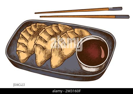 Von Hand gezeichnete Vektorbildsammlung für asiatische Speisen. Farbige Jiaozi. Stock Vektor