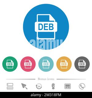 DEB file format flat white icons on round color backgrounds. 6 bonus icons included. Stock Vektor