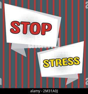 Handgeschriebenes Schild Stop Stress. Konzeptionelle Fotosuche Hilfe Medikamente nehmen Zeit mit Liebenden verbringen mehr Schlaf Stockfoto