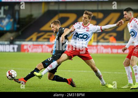 Mats Rits des Clubs und Julien De Sart von Kortrijk kämpfen um den Ball während eines Fußballspiels zwischen Club Brügge und KV Kortrijk, Samstag, den 02. November 2019 in Brügge, am 14. Tag der belgischen Fußballmeisterschaft „Jupiler Pro League“ 2019-2020. BELGA FOTO KURT DESPLENTER Stockfoto