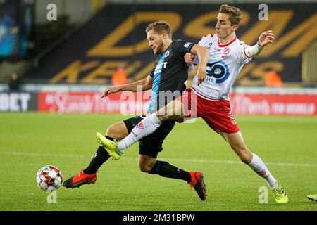 Mats Rits des Clubs und Julien De Sart von Kortrijk kämpfen um den Ball während eines Fußballspiels zwischen Club Brügge und KV Kortrijk, Samstag, den 02. November 2019 in Brügge, am 14. Tag der belgischen Fußballmeisterschaft „Jupiler Pro League“ 2019-2020. BELGA FOTO KURT DESPLENTER Stockfoto