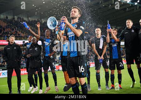 Siebe Schrijvers feiert nach dem Sieg eines Fußballspiels zwischen Club Brügge und KV Kortrijk am Samstag, den 02. November 2019, in Brügge, am 14. Tag der belgischen Fußballmeisterschaft „Jupiler Pro League“ von 2019 bis 2020. BELGA FOTO KURT DESPLENTER Stockfoto