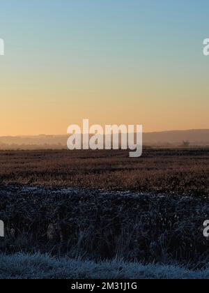 Das Sonnenlicht bei Sonnenaufgang wirft lange Schatten über eine gedämpfte, frostbedeckte Winterlandschaft mit Hügeln, Bäumen, Feldern und riesigem Himmel. Stockfoto