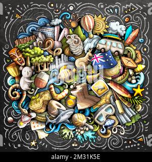 Australia hand drawn cartoon doodle illustration. Funny Australian design. Creative vector background with Oceania Country elements and objects. Chalk Stock Vector