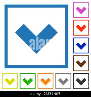 Bottom angle arrow solid flat color icons in square frames on white background Stock Vector