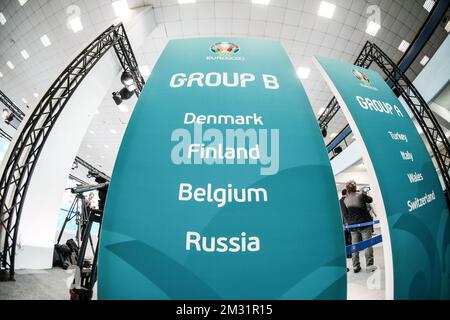 Das Bild zeigt die belgische Gruppe B bei der Endauslosung der UEFA Euro 2020 am Samstag, den 30. November 2019 in Bukarest, Rumänien. Das Euro 2020-Turnier findet vom 12. Juni bis zum 12. Juli 2020 in 12 Städten in ganz Europa statt. BELGA FOTO BRUNO FAHY Stockfoto