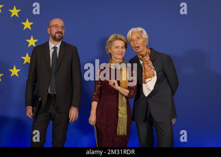 Der Präsident des Europäischen Rates Charles Michel, die neue Präsidentin der Europäischen Kommission Ursula von der Leyen und die Präsidentin der Europäischen Zentralbank, Christine Lagarde, wurden anlässlich einer Feier anlässlich des 10.. Jahrestages des Vertrags von Lissabon am Europäischen Hauptsitz in Brüssel am Sonntag, dem 01. Dezember 2019, vorgestellt. BELGA FOTO JAMES ARTHUR GEKIERE Stockfoto