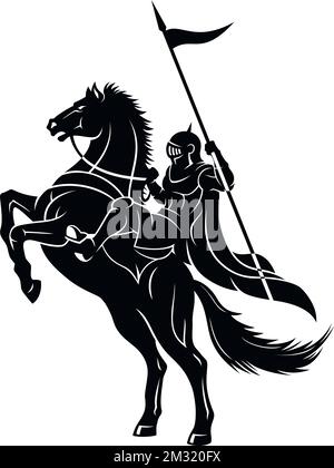 Mittelalterlicher Ritter mit Speer auf einem aufziehenden Pferd Stock Vektor