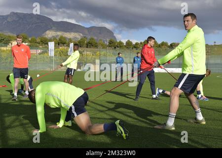 Genks Sebastien Dewaest wurde am Samstag, den 11. Januar 2020 im Wintertrainingslager der belgischen Fußballmannschaft KRC Genk in Benidorm, Spanien, gezeigt. BELGA FOTO YORICK JANSENS Stockfoto