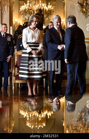 NATO-Generalsekretär Jens Stoltenberg, Minister für auswärtige Angelegenheiten und Verteidigung Philippe Goffin, Königin Mathilde von Belgien und König Philippe - Filip von Belgien, das auf einem Neujahrsempfang der Königlichen Familie für die ständigen Vertreter und Formbeamten der NATO im Königlichen Palast in Brüssel abgebildet wurde; Donnerstag, 16. Januar 2020. BELGA FOTO DIRK WAEM Stockfoto